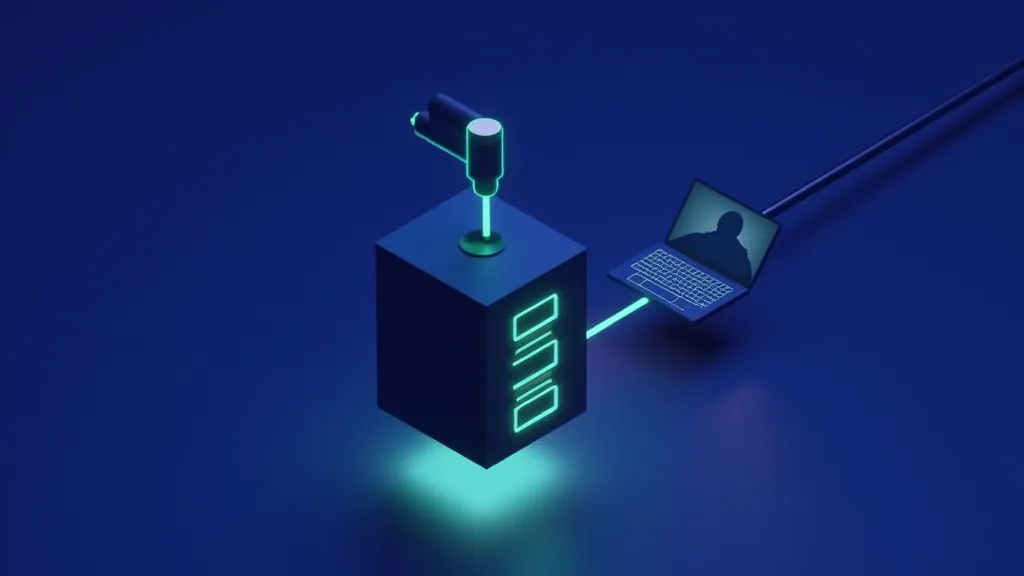 A glowing cable connecting a laptop to a server cube, illustrating pointing a client at an API base URL