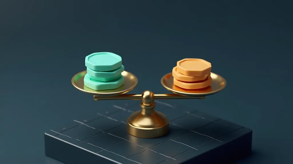 Isometric scale weighing small input tokens against larger output tokens, illustrating pay-per-token pricing